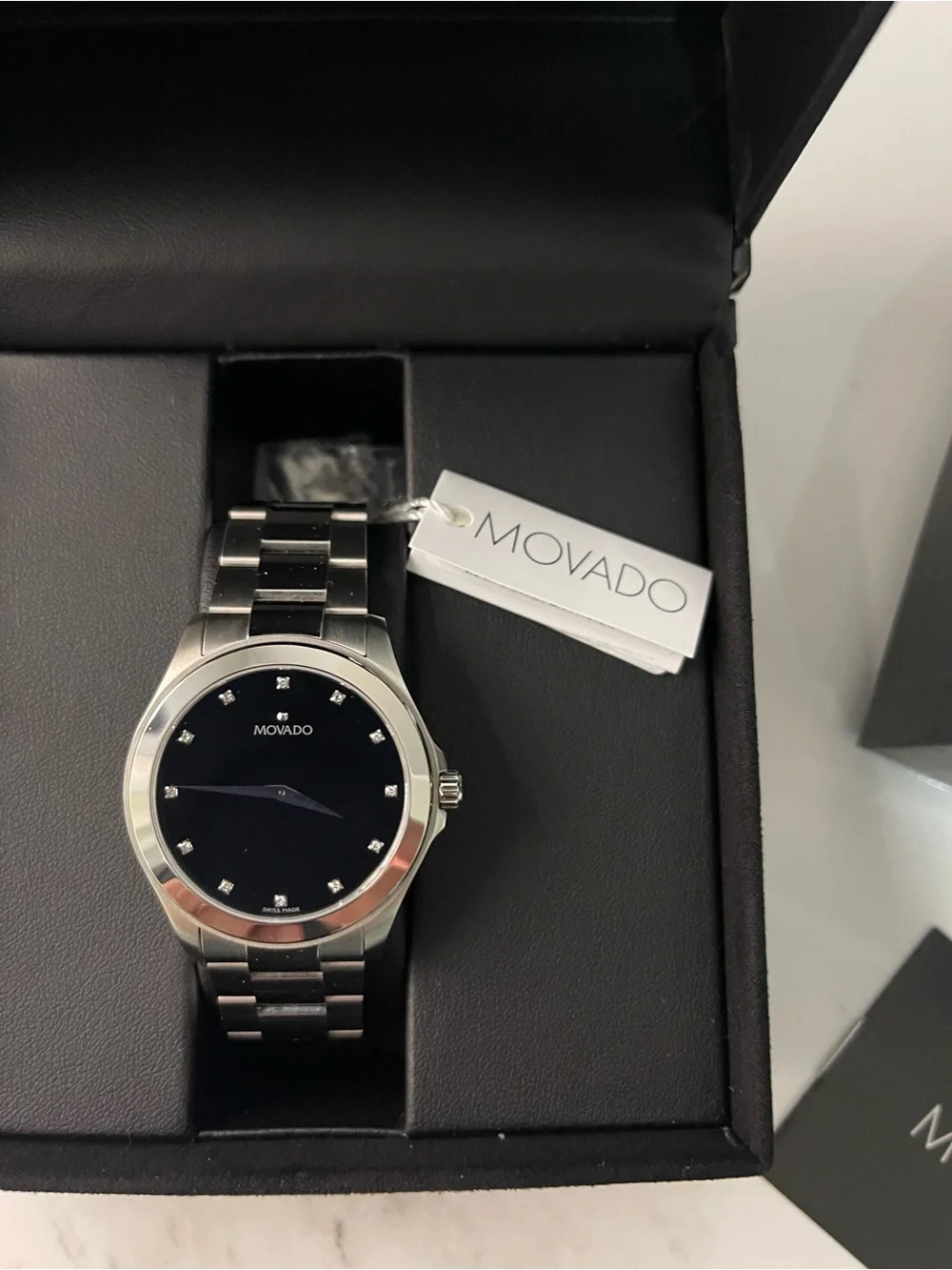 Movado Men's Black Dial Stainless Steel Bracelet With Diamond Markers Watch